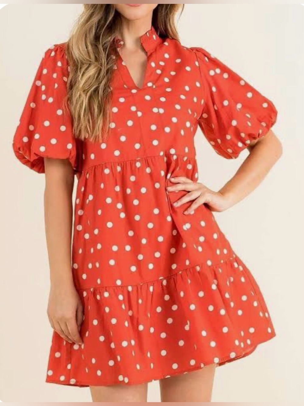 THML Red Polka Dot Puff Sleeve Tiered Mini Dress
